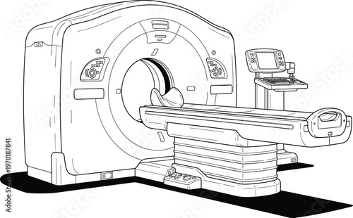 CT scan machine vector illustration, medical imaging equipment with patient table and control panel, healthcare diagnostic technology isolated line art for hospital use