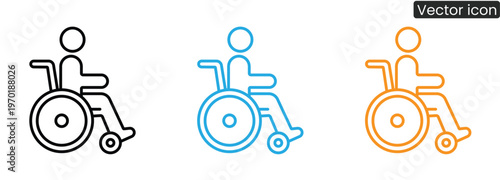 Vector icons of people in wheelchair, available in black, blue and orange, on a clean white background, ideal for accessibility and disability related projects