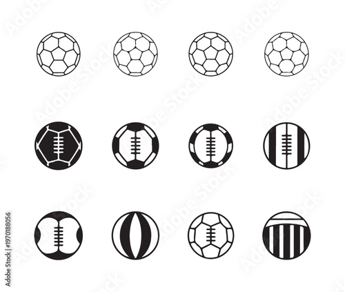Set of twelve different ball icons for soccer football rugby and american sports game outline