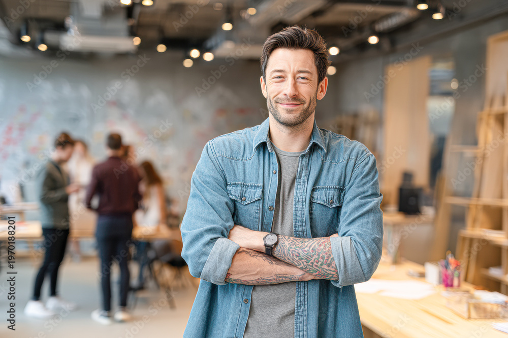 Fototapeta premium A confident man with a tattooed arm stands smiling in a modern office, while colleagues collaborate in the blurred background.