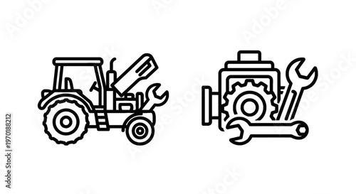 Tractor with open hood and engine with tools icons with heavy duty with farm equipment with engine repair