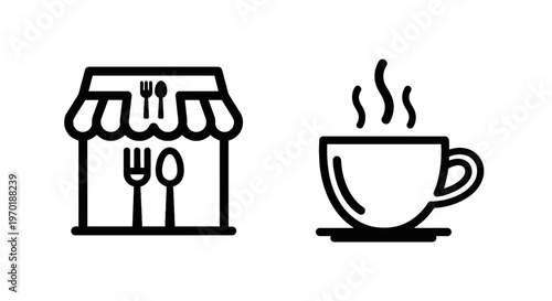 Cafe shop and hot coffee cup icons with flat design with hot drink with cafe culture