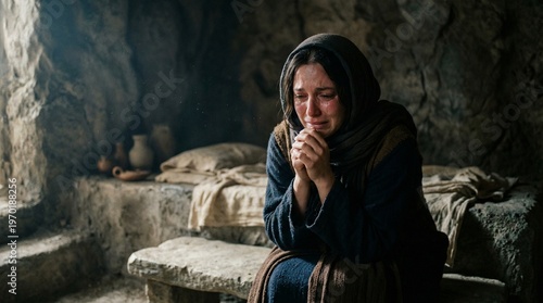 Virgin Mary Crying biblical woman sitting in dark stone room, emotional religious scene with dramatic light and sorrowful expression
