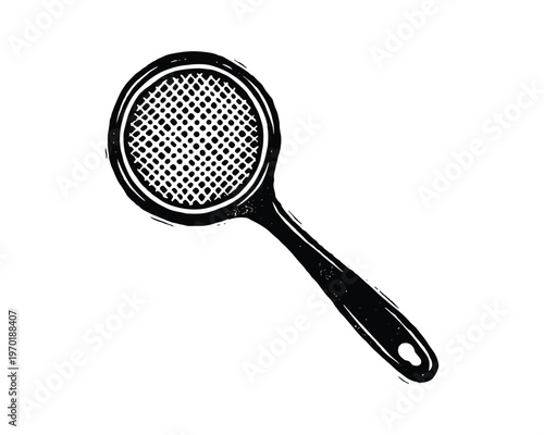 Round sieve or strainer with handle for culinary use in kitchen or food preparation