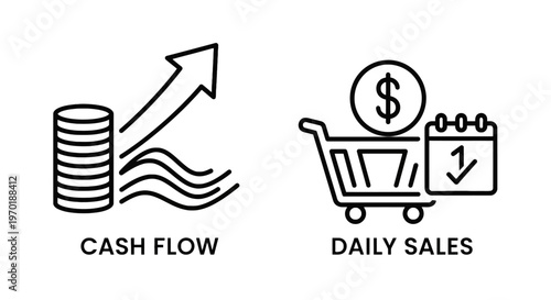 Financial growth and daily sales icons: cash flow with rising coins and wavy lines, and shopping cart with dollar coin and calendar, web design, app icon