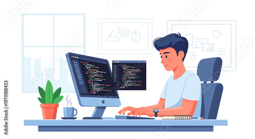 Flat Vector Programmer Coding at Dual Monitor Workspace, Software Developer Working on Computer, Web Development, Programming, IT Technology, Modern Office Illustration