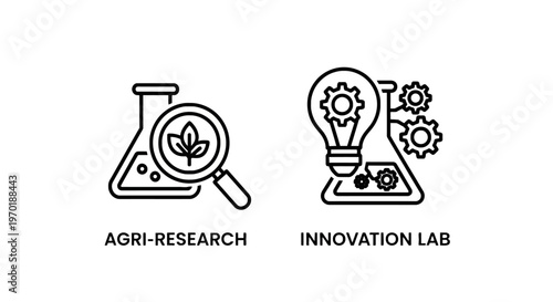 Agri-research magnifying glass over plant and innovation lab icons with light bulb with food production with sustainable agriculture with crop science