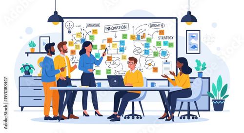 Flat Vector Agile Team Project Planning Meeting with Kanban Board, Business Collaboration, Task Management, Workflow Strategy, Startup Teamwork, Modern Office Illustration