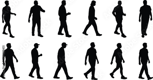 Collection of Black Silhouettes of Men Walking in Various Poses on White Background male person