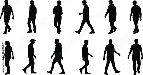 Collection of Black Silhouettes of People Walking in Profile on White Background woman