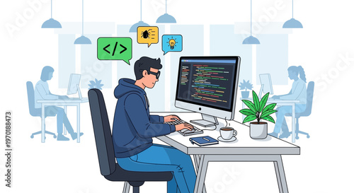 Flat Vector Software Developer Coding at Desk, Programmer Working on Computer, Web Development, Programming, IT Workspace, Modern Office Technology Illustration