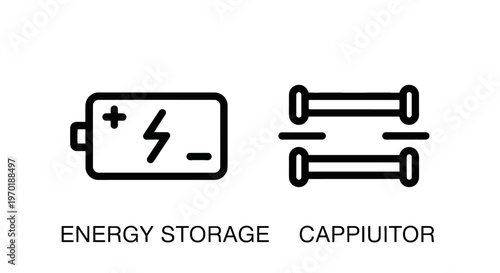 Energy storage and capacitor icons: battery symbol with charge indicator and two connected capacitors with energy source with renewable energy with app icon