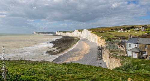 The iconic Seven Sisters Cliffs seen from the South Downs way above Birling Gap in East sussex, UK in March 2026