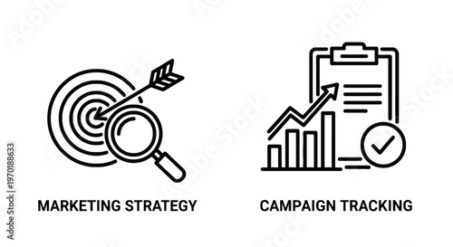 Icons representing marketing strategy with a target and magnifying glass, and campaign tracking with a bar chart and checkmark, business icon, performance