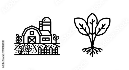 Icons depicting farming with a barn and crops, and a plant with roots, representing agriculture and organic growth, farm icon