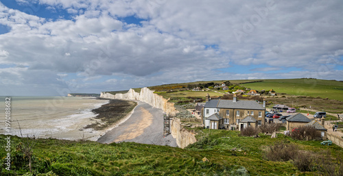 The iconic Seven Sisters Cliffs seen from the South Downs way above Birling Gap in East sussex, UK in March 2026