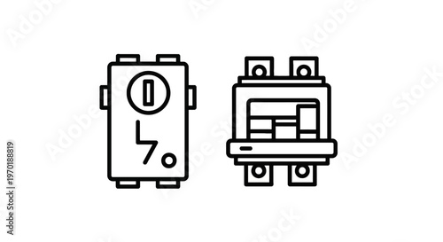 Line art icons of electrical switches and sockets with electrical switch with power outlet with circuit breaker with white background