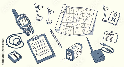 Sketch of navigation and communication tools isolated on transparent background exploration equipment illustration