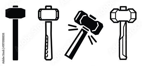 Set of heavy sledgehammer icons with different line styles for construction industry and blacksmith metalwork