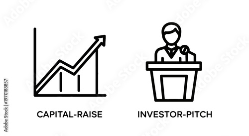 Line art icons representing capital raise and investor pitch with business growth with upward trend with white background with meeting room