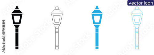 Vector street lamp icons in black, line art, blue, and outline styles for urban or navigation themes