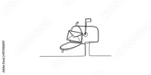 Minimalist line drawing of a classic mailbox with a raised flag