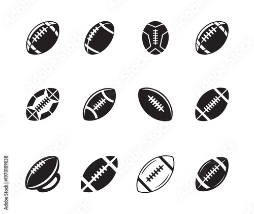 Set of twelve American football illustrations in solid black style showing various angles and designs
