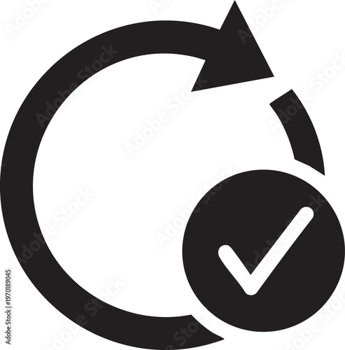 Black and white refresh icon, circular arrow symbol, checkmark sign, vector refresh cycle