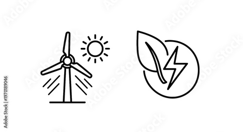 Wind turbine and sun icon next to a leaf with a lightning bolt inside a circle icon