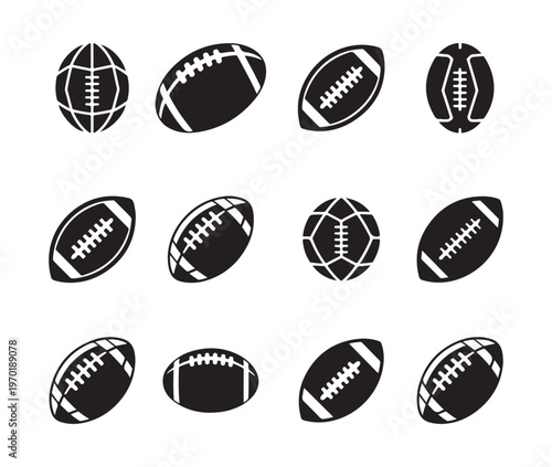 Collection of twelve solid black icons showcasing different styles of sports balls for web and print