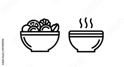 Two bowls of food, one with steaming soup and another with salad or fruit, isolated on white background, food preparation