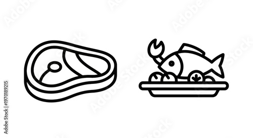 Stylized icons of raw steak and a prepared fish dish with a crab with line art with seafood dish with food preparation with food serving with food illustrati