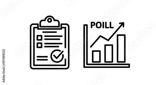 Checklist on clipboard and bar chart with upward trend graph with line art with success metric with financial analysis with business analysis with data icon