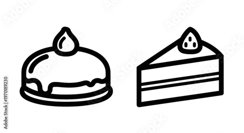 Icon of a decorated dome cake and a triangular slice of cake with line art with sweet treat with dessert icon with food graphic