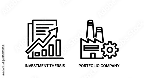 Investment thesis document with upward trending stock graph and factory icon with line art with investment strategy with business growth with financial analy