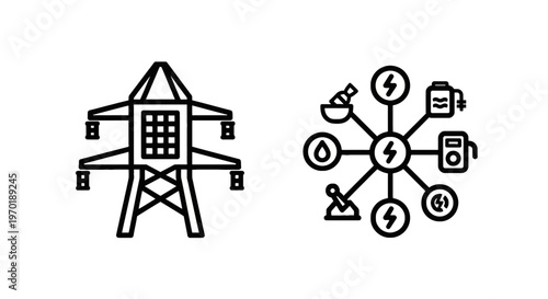 Power pylon icon and energy sources infographic with line art with high voltage with energy source with fossil fuel with industry icon with alternative energ