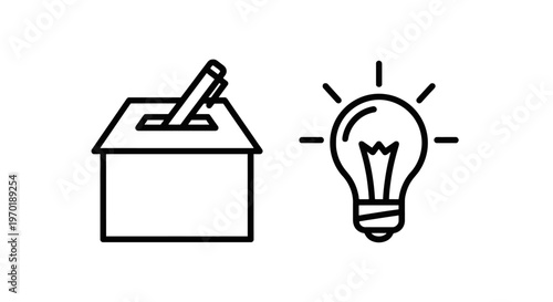 Voting box with a pen and a light bulb with rays, symbolizing ideas and decisions, flat design, white background, civic duty