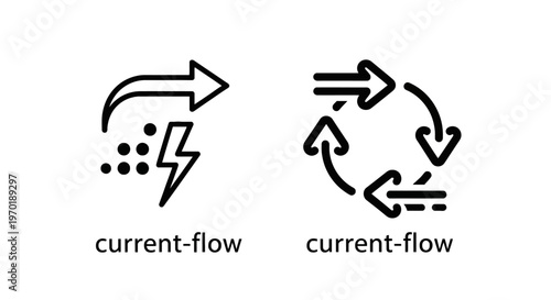 Icons illustrating electrical current flow in a curved arrow and a circular cycle with arrows with flat design with white background with information flow