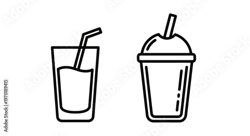 Vector icons of two drinks, one in a glass with straw and another in a disposable cup with lid and straw, food and drink