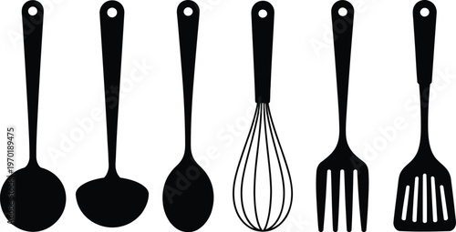 Kitchen utensil icon set black vector silhouette collection for cooking tools restaurant menu design isolated on white background graphic element