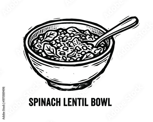 Spinach lentil bowl with spoon full of healthy organic food