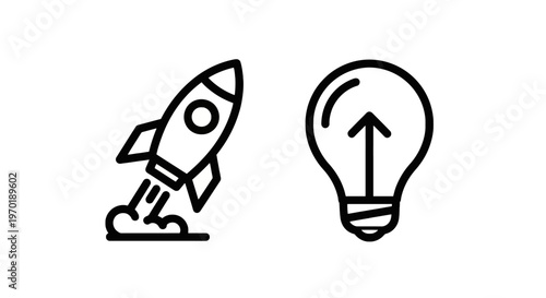 Startup business launch and innovative idea growth outline icons