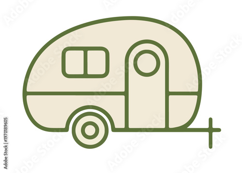 Beige and green stylized illustration of triangular camping tent with front flap and ropes in outdoor design