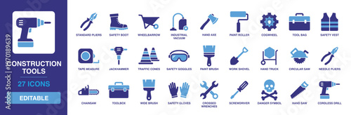 Construction tools solid vector glyph icon set featuring wrench, screwdriver, toolbox, chainsaw, tape measure, safety goggles, work shovel, and wheelbarrow icons.