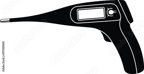 Digital thermometer silhouette vector, infrared temperature gun device, medical diagnostic tool illustration, non contact thermometer isolated black design for healthcare measurement concept