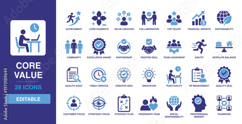 Core value solid vector glyph icon set including collaboration, excellence award, community, teamwork, innovation, sustainability, partnership, and strategy plan icons.