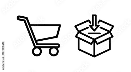Shopping cart and add to box product delivery e-commerce icons with e commerce with buy now