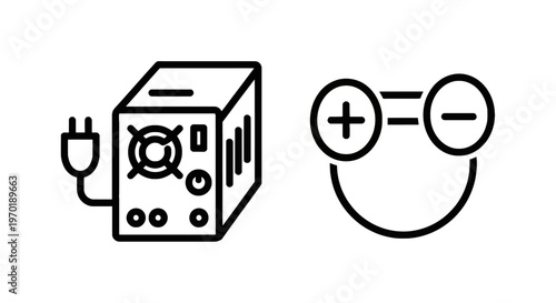 Electronic power supply unit and basic electrical circuit diagram with positive negative terminals icon with electrical engineering with electric power