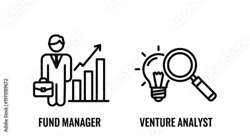 Fund manager and venture analyst professional business icons with growth and idea analysis with magnifying glass