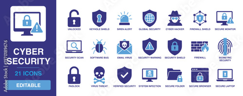 Cyber security solid vector glyph icon set featuring firewall shield, secure laptop, biometric security, virus protection, padlock, and global data security icons.